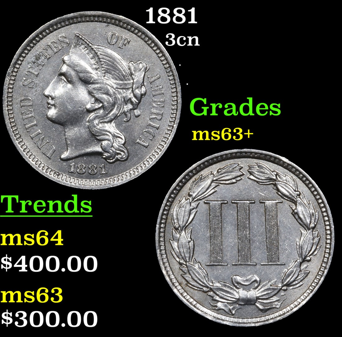 1881 Three Cent Copper Nickel 3cn Grades Select+ Unc (1 of 3)