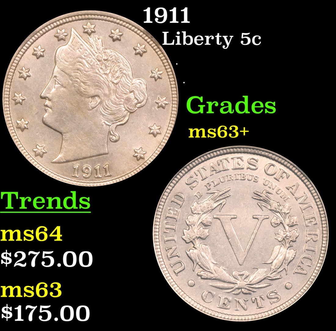 $ 1911 Liberty Nickel 5c Grades Select+ Unc (1 of 3)
