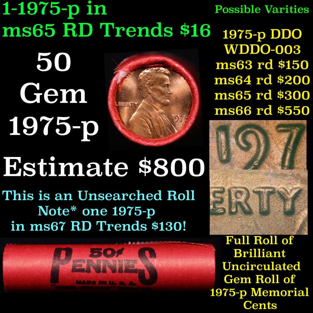 BU Shotgun Lincoln 1c roll, 1975-p 50 pcs Steel-Strong Wrapper 50c: BU Shotgun Lincoln 1c roll, 1975-p 50 pcs Steel-Strong Wrapper 50c. A terrific Shotgun roll of Lincoln cents in a steel strong wrapper. Most if not all coins should be cherry red.