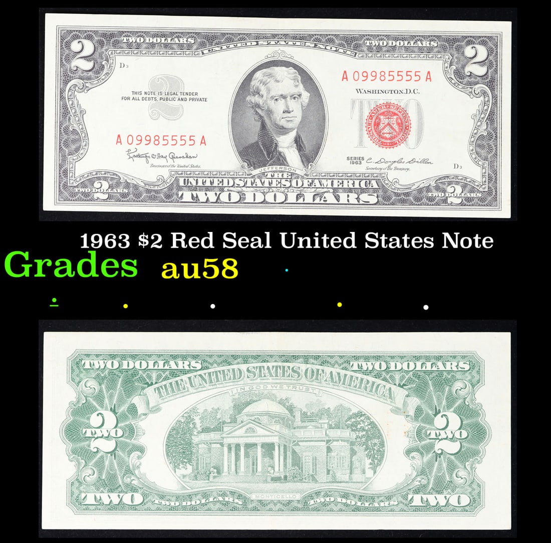1963 $2 Red Seal United States Note Grades Choice AU/BU Slider: 1963 $2 Red Seal United States Note Grades Choice AU/BU Slider. 1963 Legal Tender (United States Note). 1963 marks the last year that red seals were printed on two dollar bills. This is also the last