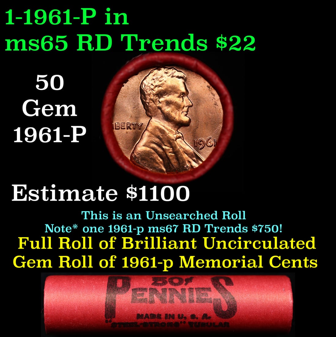 BU Shotgun Lincoln 1c roll, 1961-p 50 pcs Steel-Strong Wrapper 50c (1 of 2)