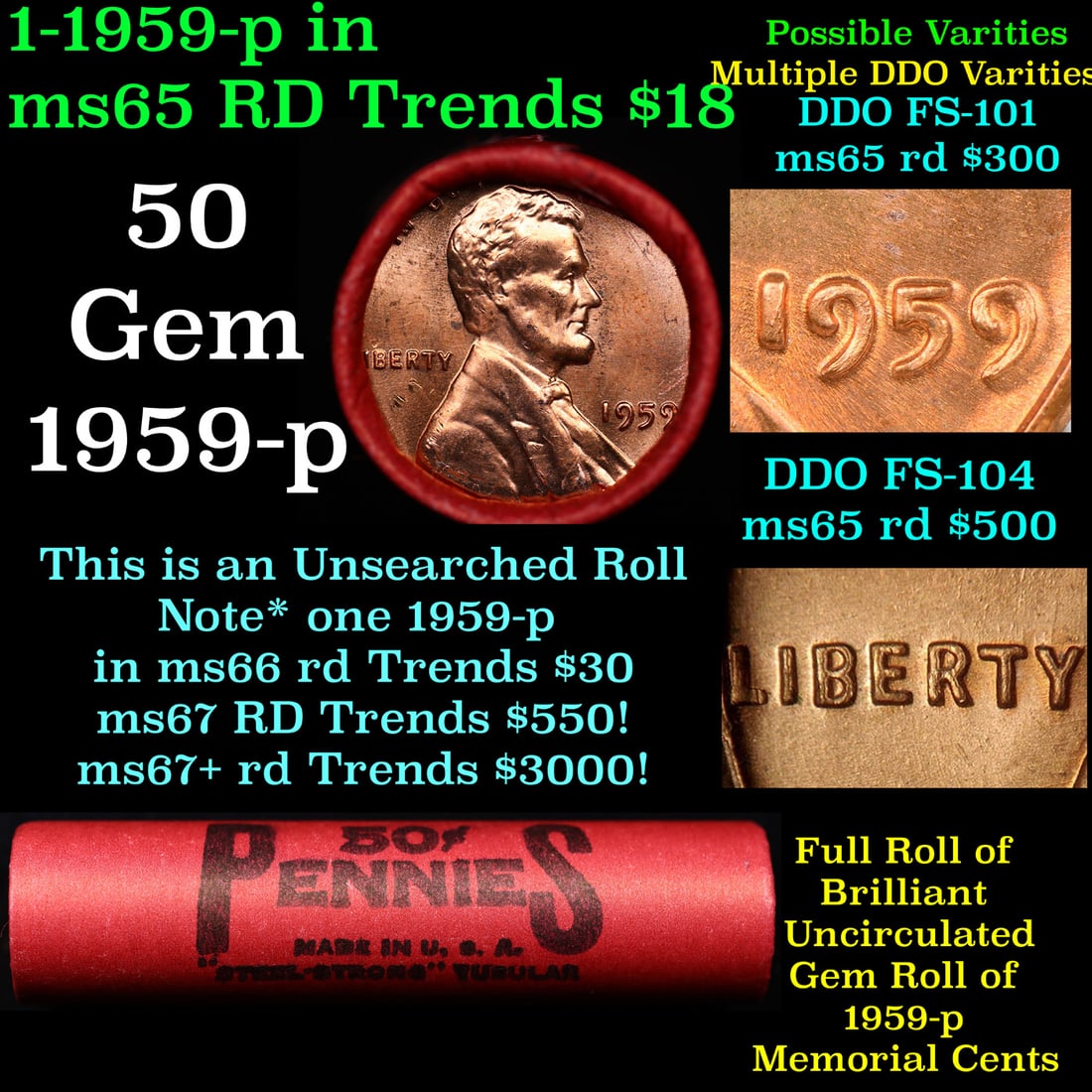 BU Shotgun Lincoln 1c roll, 1959-p 50 pcs Steel-Strong Wrapper 50c: BU Shotgun Lincoln 1c roll, 1959-p 50 pcs Steel-Strong Wrapper 50c. A terrific Shotgun roll of Lincoln cents in a steel strong wrapper. Most if not all coins should be cherry red.