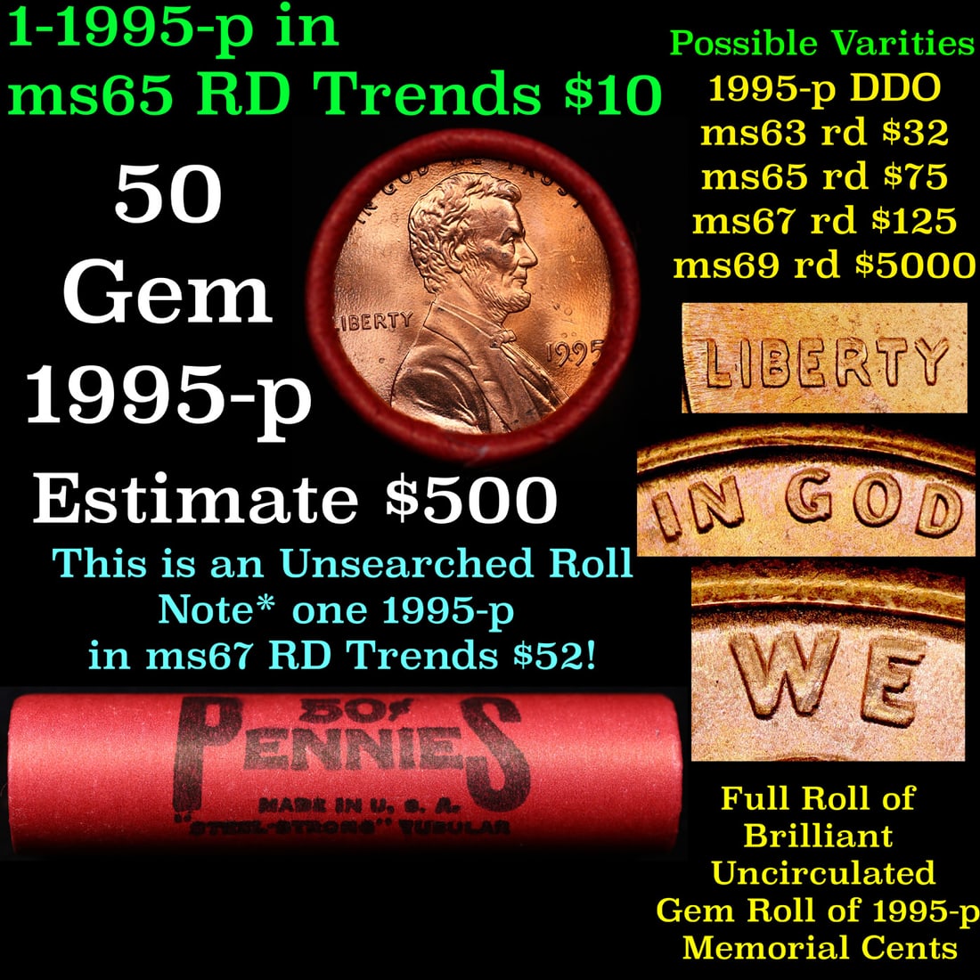 BU Shotgun Lincoln 1c roll, 1995-p 50 pcs Steel-Strong Wrapper 50c (1 of 4)