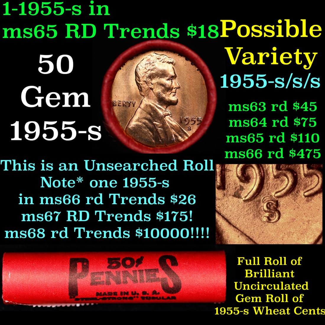 BU Shotgun Lincoln 1c roll, 1955-s 50 pcs Steel-Strong Wrapper 50c: BU Shotgun Lincoln 1c roll, 1955-s 50 pcs Steel-Strong Wrapper 50c. A terrific Shotgun roll of Lincoln cents in a steel strong wrapper. Most if not all coins should be cherry red.
