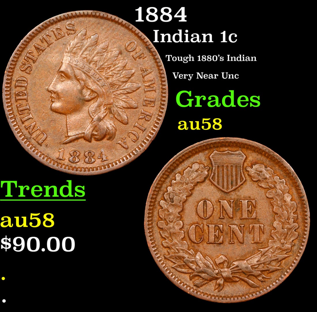 1884 Indian Cent 1c Grades Choice AU/BU Slider (1 of 3)
