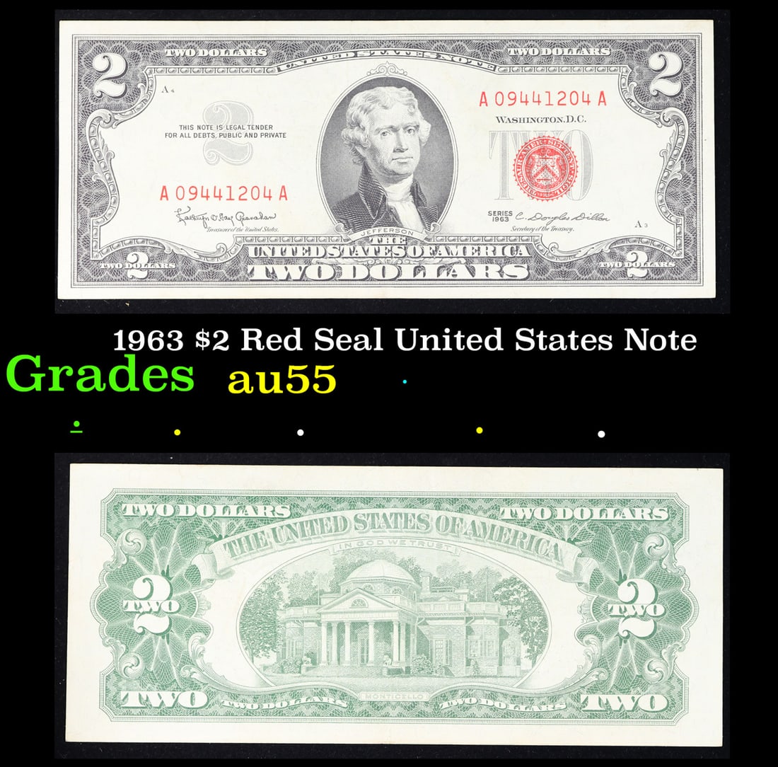 1963 $2 Red Seal United States Note Grades Choice AU: 1963 $2 Red Seal United States Note Grades Choice AU. 1963 Legal Tender (United States Note). 1963 marks the last year that red seals were printed on two dollar bills. This is also the last year that