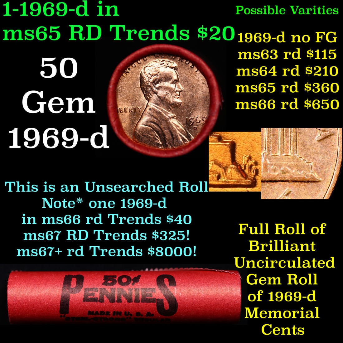 BU Shotgun Lincoln 1c roll, 1969-d 50 pcs Steel-Strong Wrapper 50c (1 of 2)