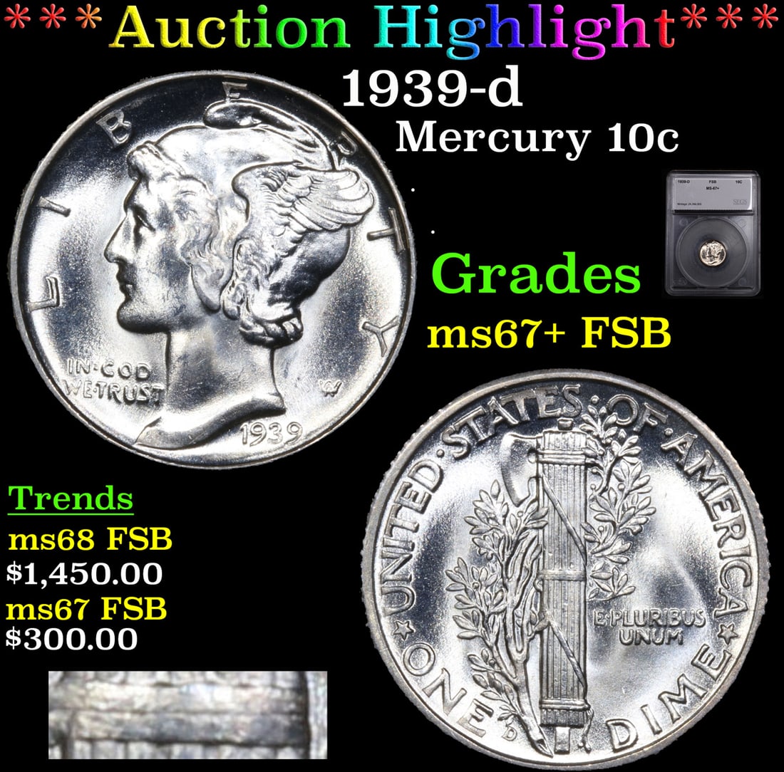***Auction Highlight*** 1939-d Mercury Dime 10c Graded ms67+ FSB By SEGS (fc) (1 of 6)