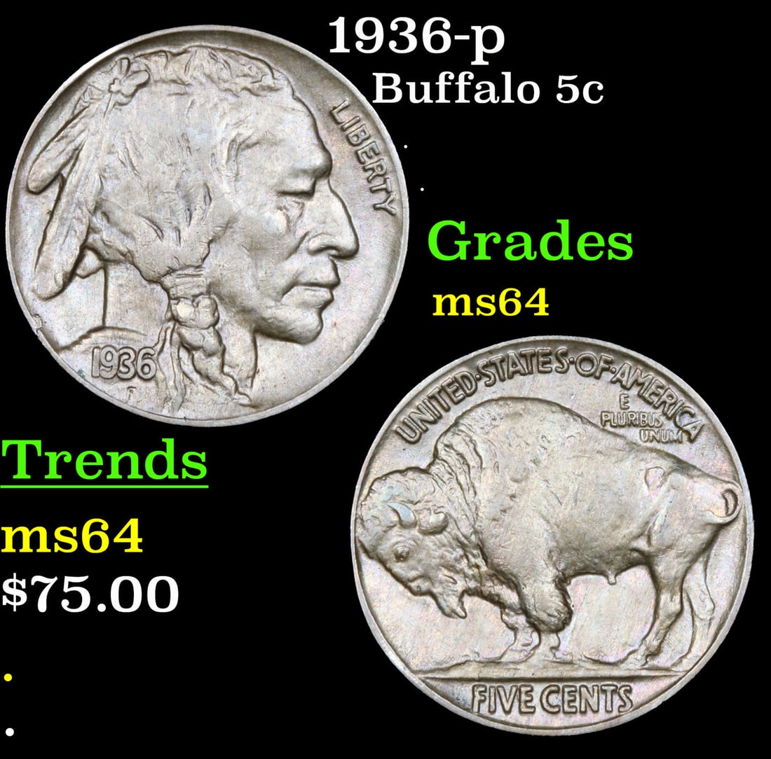 1936-p Buffalo Nickel 5c Grades Choice Unc (1 of 3)
