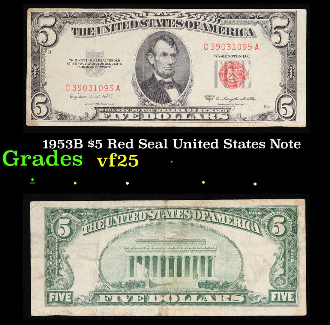 1953B $5 Red Seal United States Note Grades vf+ (1 of 3)