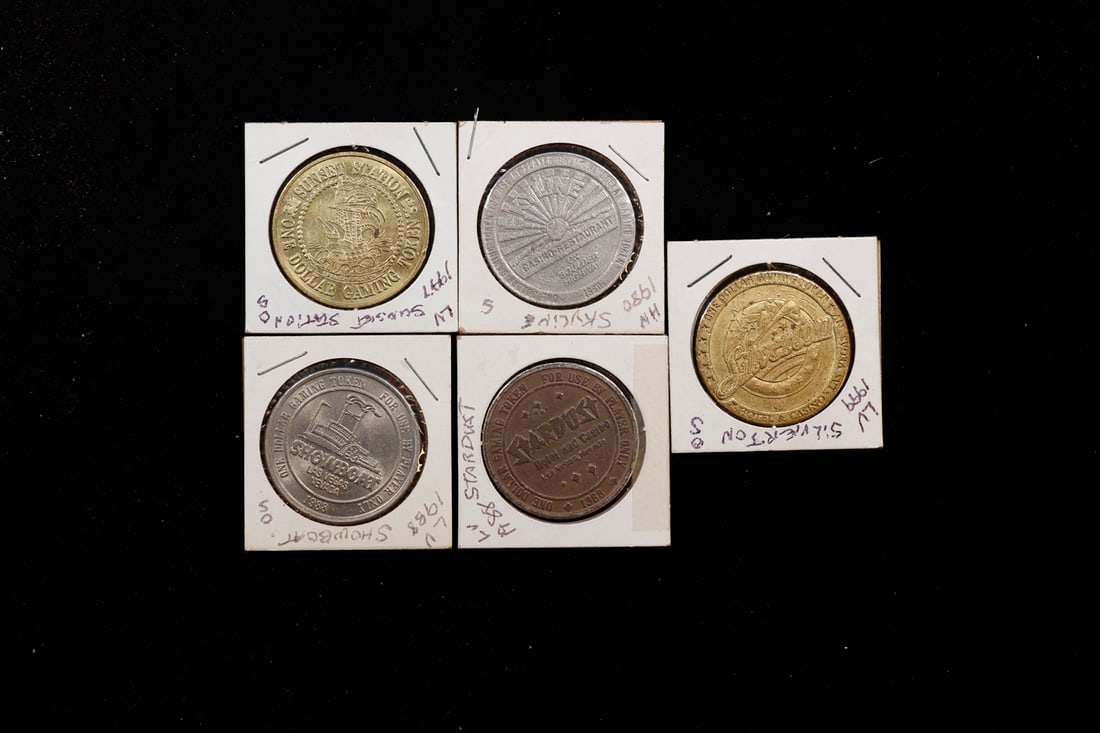 Group of 5 Casino Tokens: Group of 5 Casino Tokens. Tokens include Skyline Boulder Highway 1980, Showboat Las Vegas 1988, Stardust Las Vegas 1988, Silverton Las Vegas 1999, Sunset Station Henderson Nevada 1997.