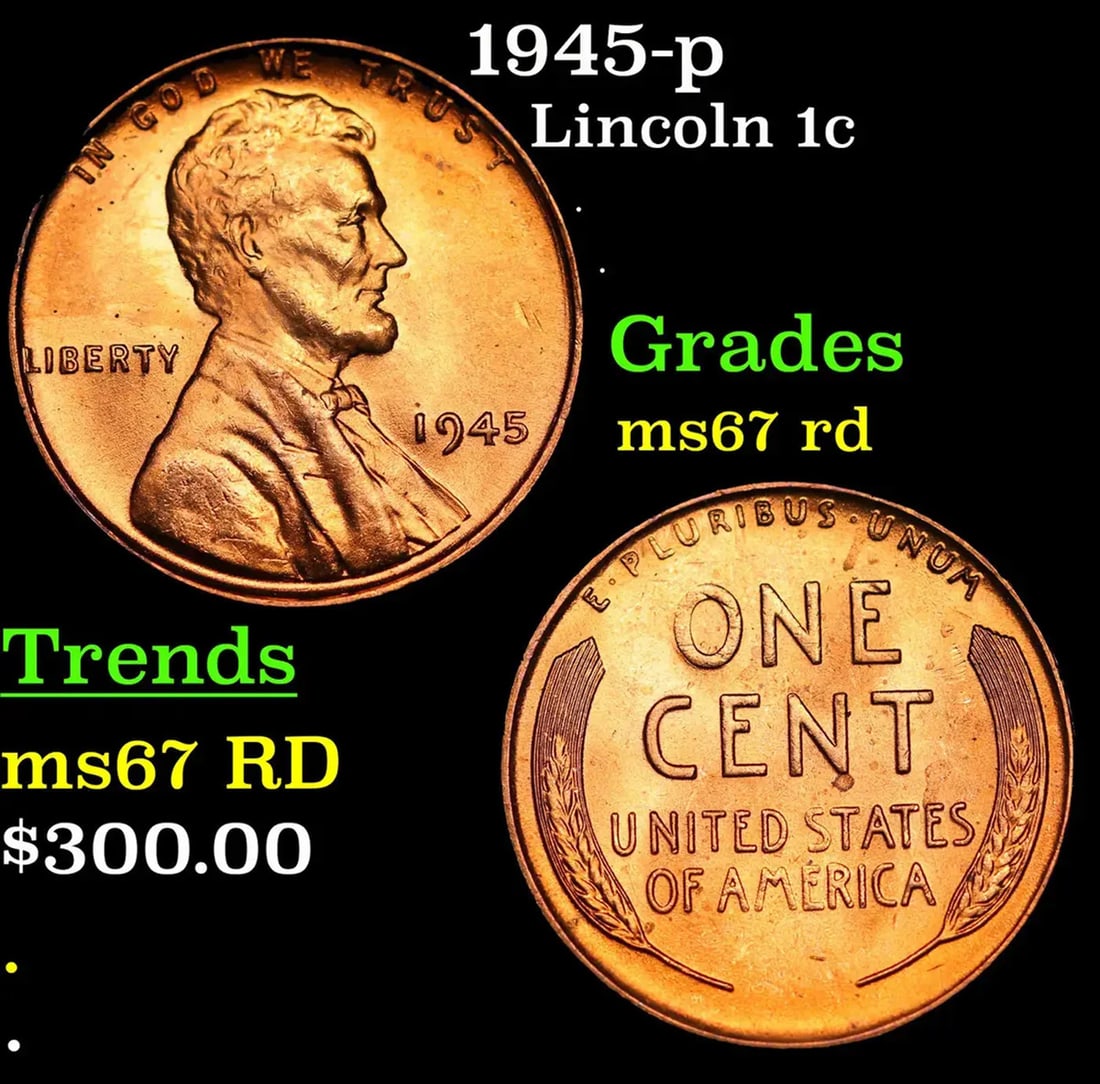 1945-p Lincoln Cent 1c Grades GEM++ Unc RD: 1945-p Lincoln Cent 1c Grades GEM++ Unc RD.