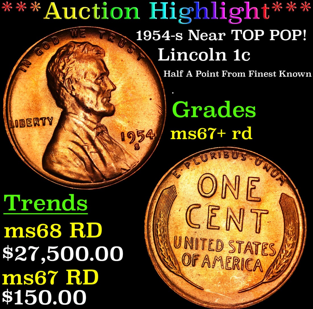***Auction Highlight*** 1954-s Lincoln Cent Near TOP POP! 1c Graded GEM++ RD By USCG (fc) (1 of 3)