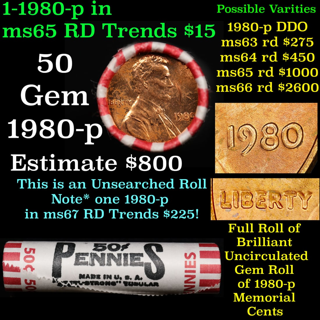 Shotgun Lincoln 1c roll, 1980-p 50 pcs Steel Strong Wrapper: Shotgun Lincoln 1c roll, 1980-p 50 pcs Steel Strong Wrapper. A terrific Shotgun roll of Lincoln cents. Most if not all coin should be cherry red.