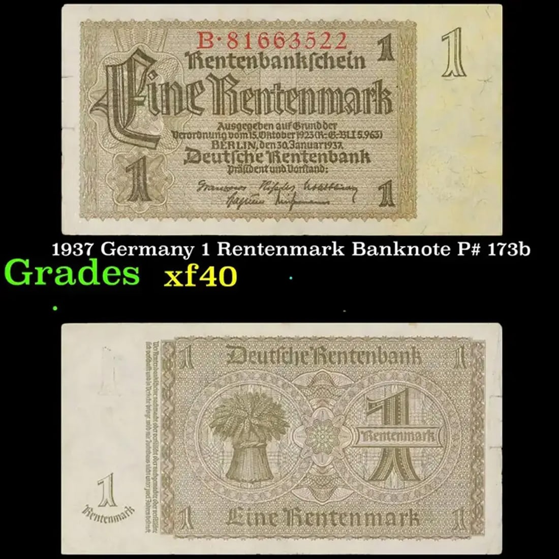 1937 Germany 1 Rentenmark Banknote P# 173b Grades xf: 1937 Germany 1 Rentenmark Banknote P# 173b Grades xf. The "Rentenmark" was issued in 1923 to help stop the hyperinflation in Weimar Germany after the "Paper Mark" had become worthless. Unlike the Gold