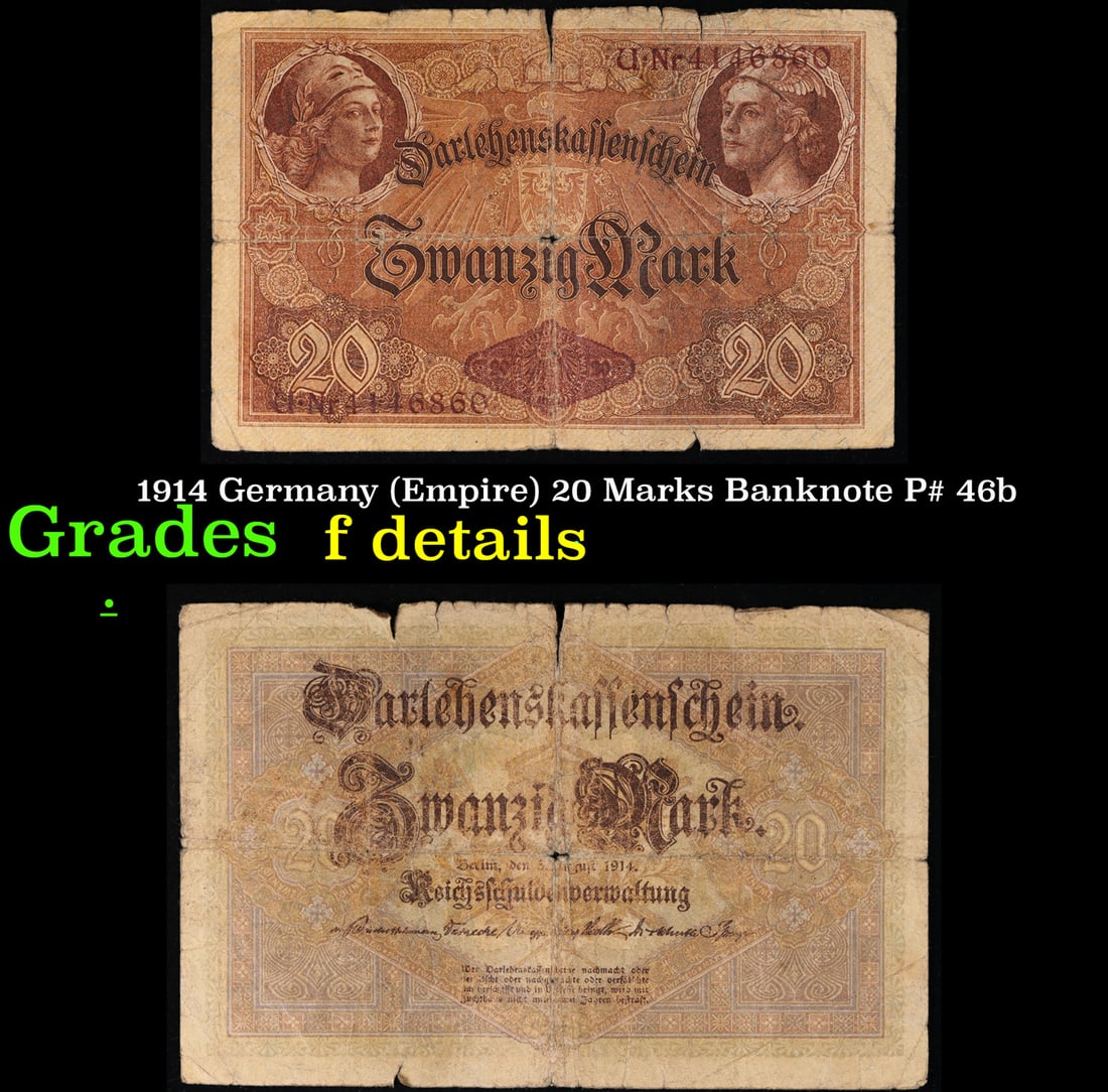 1914 Germany (Empire) 20 Marks Banknote P# 46b Grades f details: 1914 Germany (Empire) 20 Marks Banknote P# 46b Grades f details. In August 1914, Directly after the onset of WW1, the German Empire removed the gold backing of the mark and issued new currency. After 