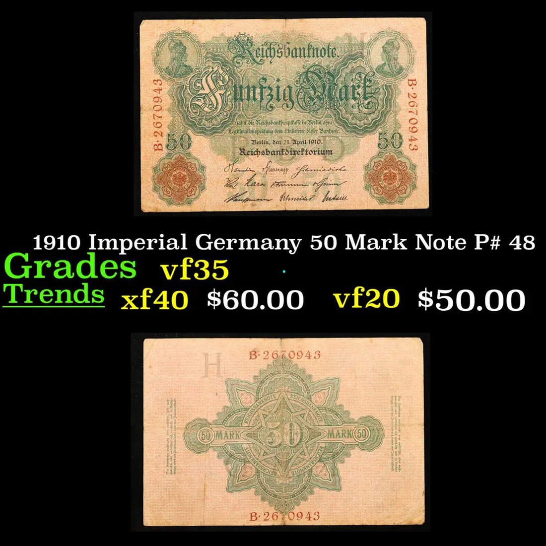 1910 Imperial Germany 50 Mark Note P# 48 Grades vf++ (1 of 3)
