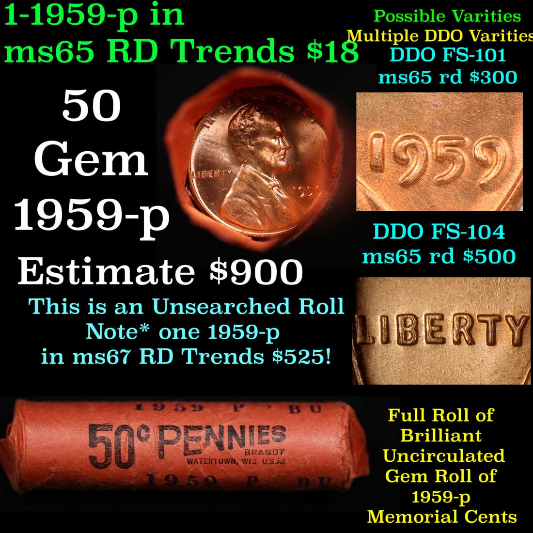 Shotgun Lincoln 1c roll, 1959-p 50 pcs Brandt Wrapper.: Shotgun Lincoln 1c roll, 1959-p 50 pcs Brandt Wrapper.. A terrific Shotgun roll of Lincoln cents. Most if not all coin should be cherry red.