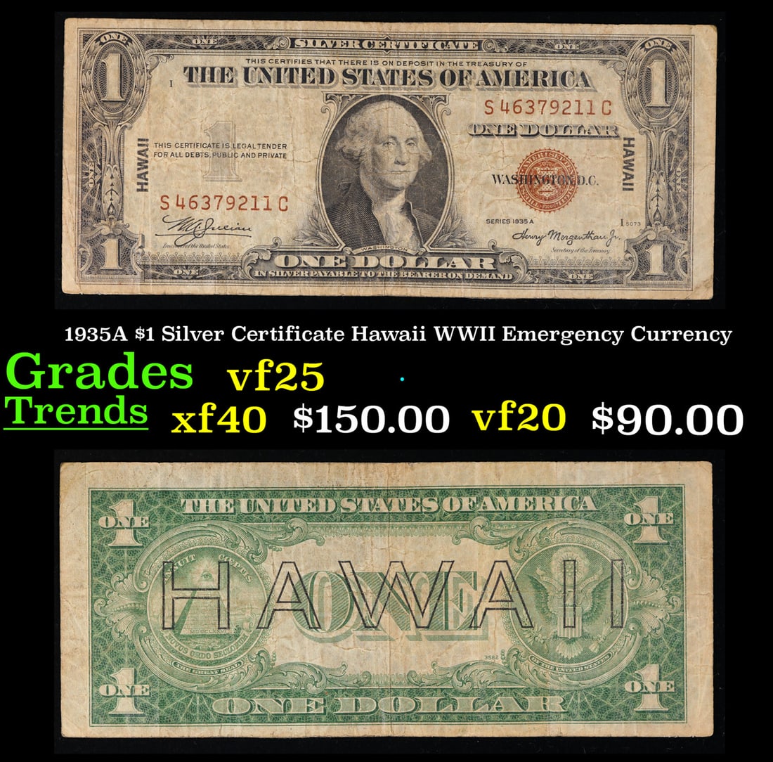 1935A $1 Silver Certificate Hawaii WWII Emergency Currency Grades vf+: 1935A $1 Silver Certificate Hawaii WWII Emergency Currency Grades vf+. FR-2300 Signatures of Julian & Morgenthau WWII Emergency Currency. It was the darkest days of World War II, just after Pearl Harb