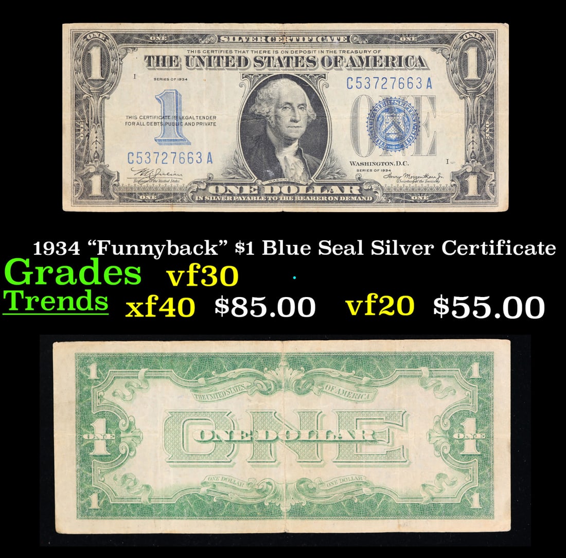 1934 "Funnyback" $1 Blue Seal Silver Certificate Grades vf++ (1 of 3)