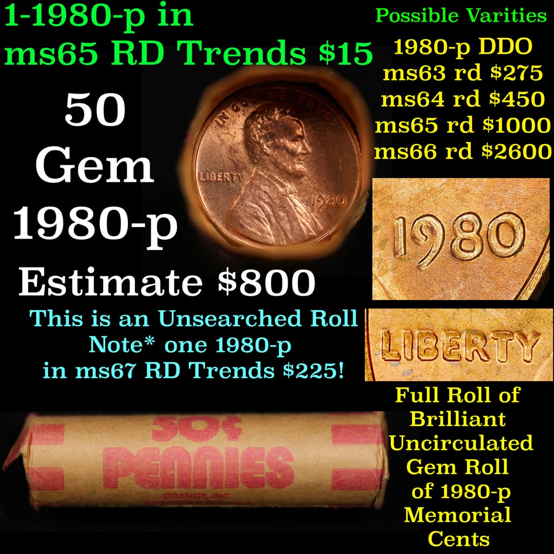 Shotgun Lincoln 1c roll, 1980-d 50 pcs Brandt Wrapper.: Shotgun Lincoln 1c roll, 1980-d 50 pcs Brandt Wrapper.. A terrific Shotgun roll of Lincoln cents. Most if not all coin should be cherry red.