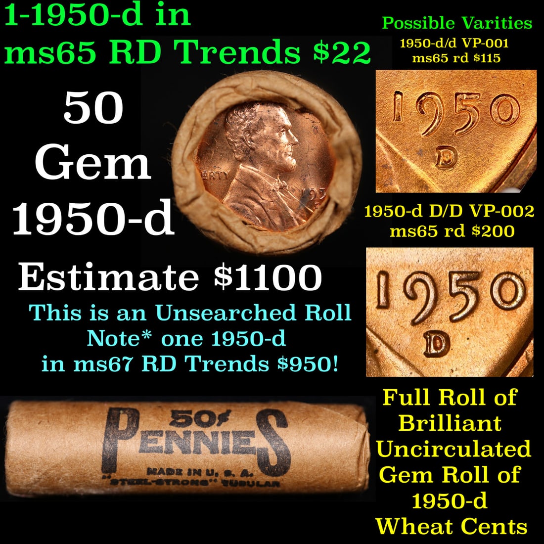 Shotgun Lincoln 1c roll, 1950-d 50 pcs Steel Strong Wrapper.: Shotgun Lincoln 1c roll, 1950-d 50 pcs Steel Strong Wrapper.. A terrific Shotgun roll of Lincoln cents. Most if not all coin should be cherry red.