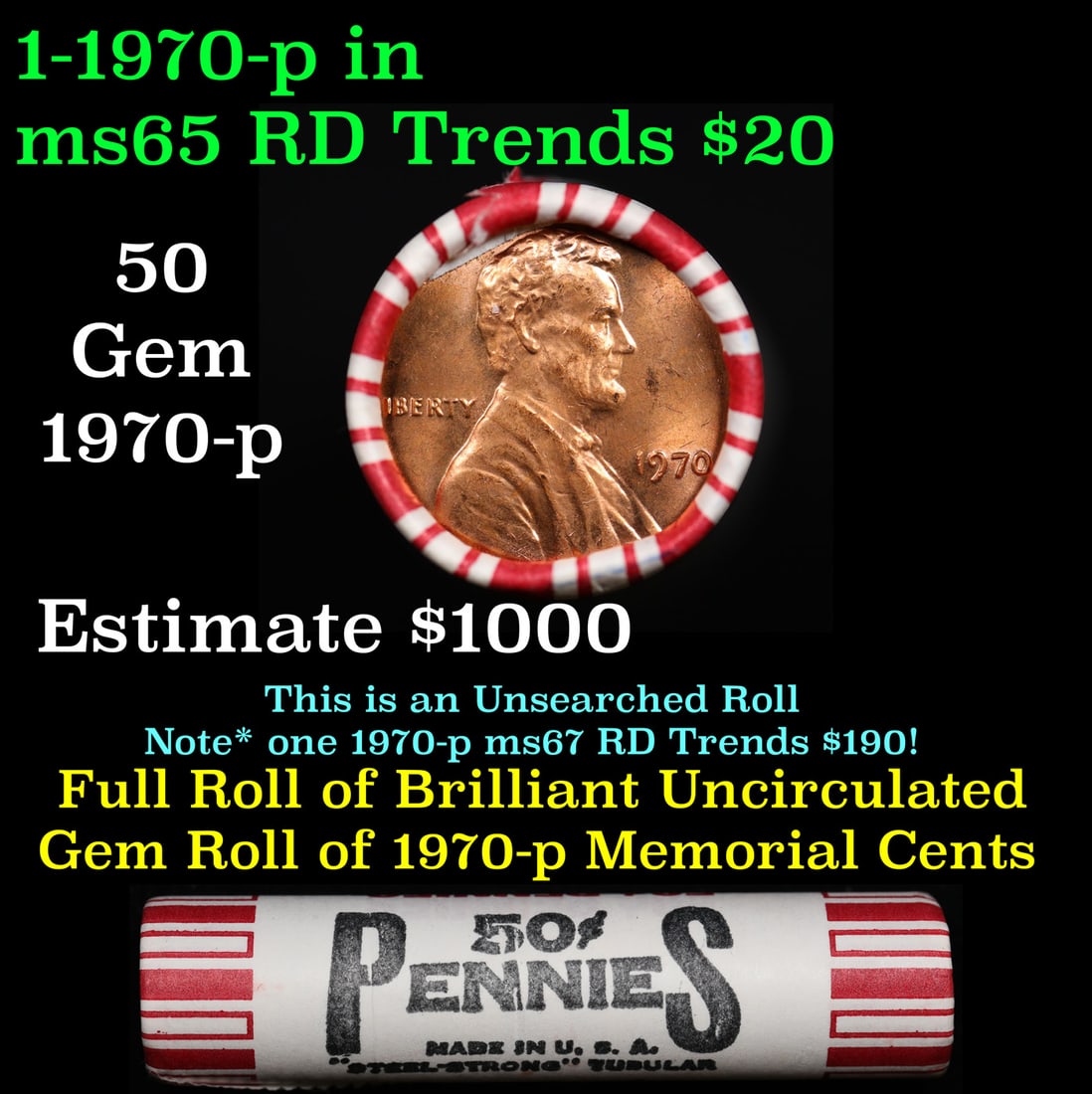 Shotgun Lincoln 1c roll, 1979-p 50 pcs Steel Strong Wrapper.: Shotgun Lincoln 1c roll, 1979-p 50 pcs Steel Strong Wrapper.. A terrific Shotgun roll of Lincoln cents. Most if not all coin should be cherry red.
