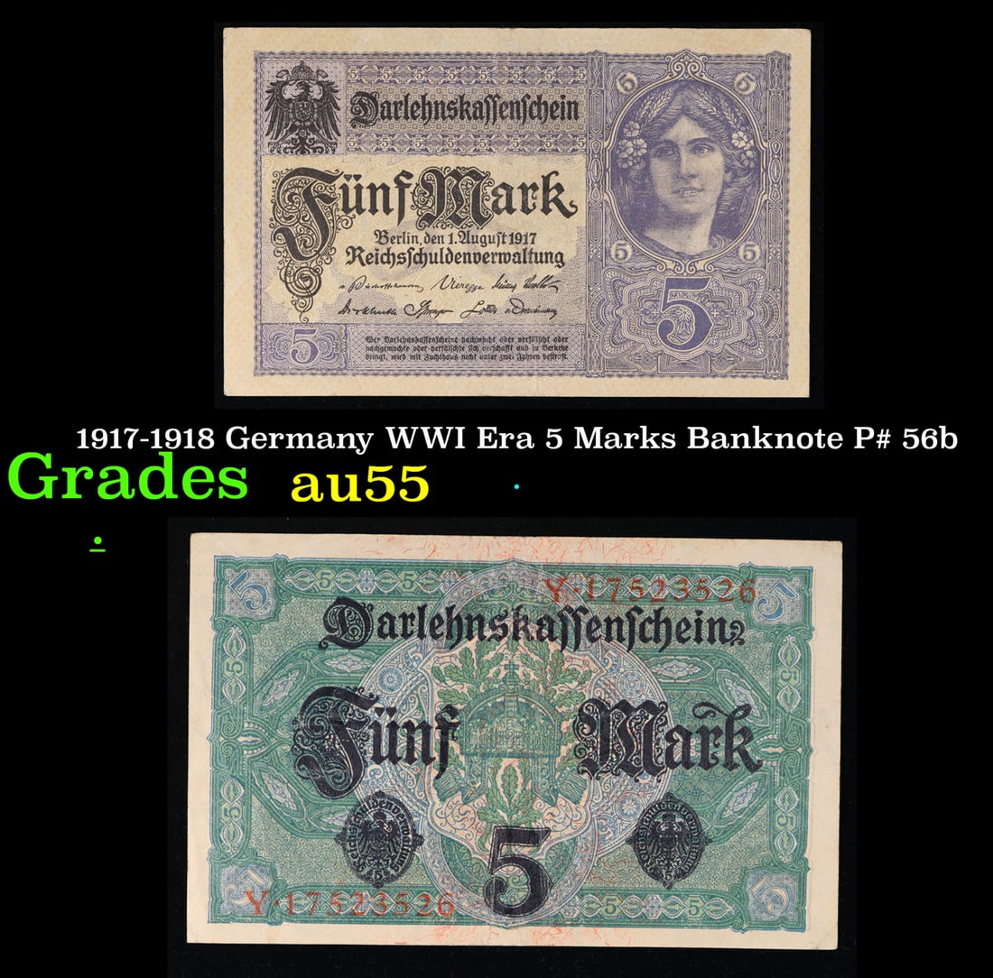 1917-1918 Germany WWI Era 5 Marks Banknote P# 56b Grades Choice AU (1 of 3)