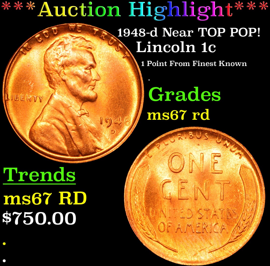 ***Auction Highlight*** 1948-d Lincoln Cent Near TOP POP! 1c Graded GEM++ Unc RD By USCG (fc) (1 of 3)