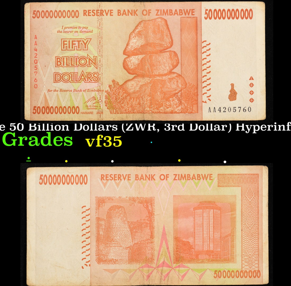 2007-2008 Zimbabwe 50 Billion Dollars (ZWR, 3rd Dollar) Hyperinflation Banknote P# 87 Grades vf++ (1 of 3)