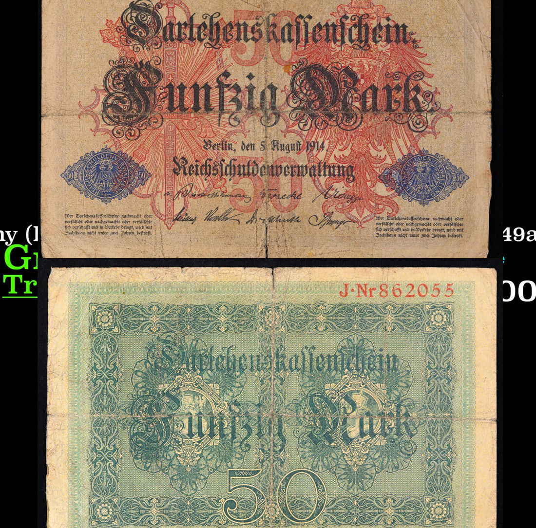 1914 Germany (Empire) 1st Issue 50 Marks Banknote P# 49a, 6 digit serial Grades vf+ (1 of 3)