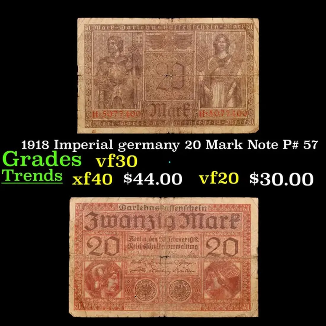 1918 Imperial germany 20 Mark Note P# 57 Grades vf++ (1 of 3)