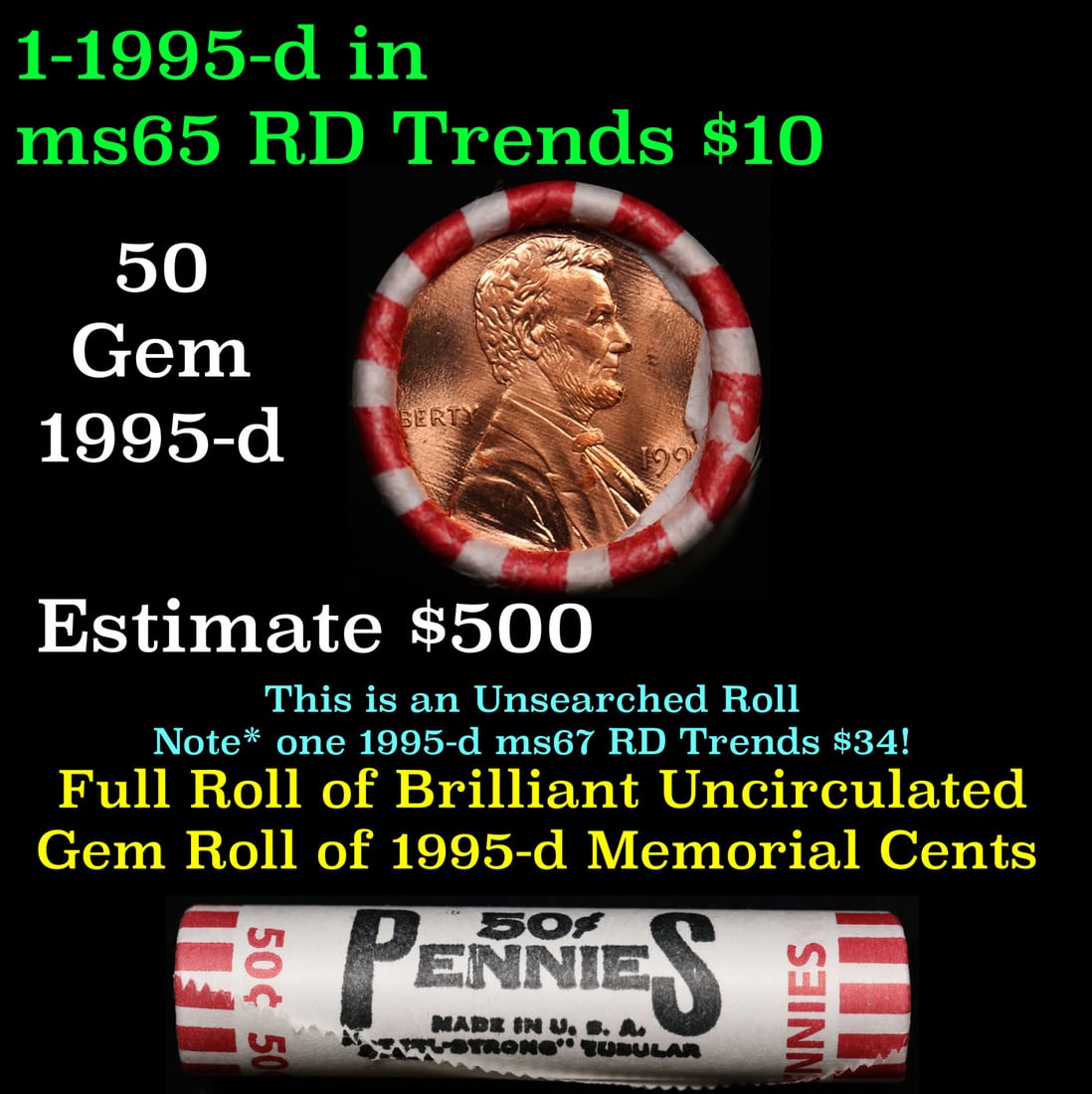 BU Shotgun Lincoln 1c roll, 1995-d 50 pcs Steel-Strong Wrapper 50c (1 of 2)