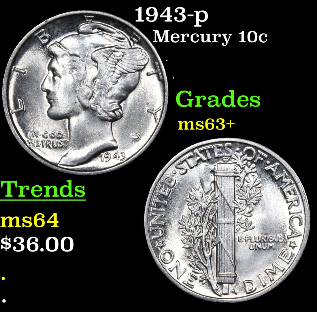 1943-p Mercury Dime 10c Grades Select+ Unc (1 of 3)
