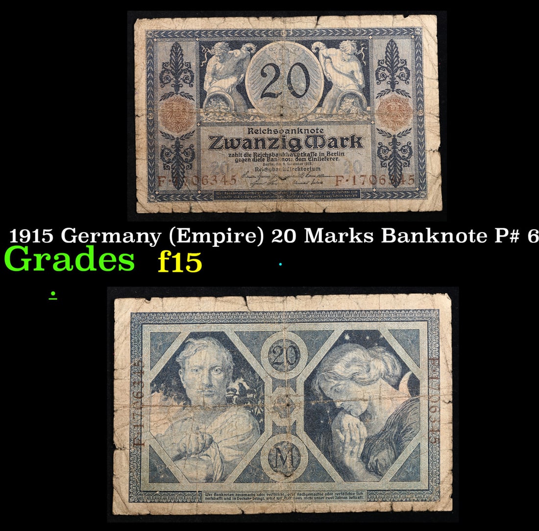 1915 Germany (Empire) 20 Marks Banknote P# 63 Grades f+: 1915 Germany (Empire) 20 Marks Banknote P# 63 Grades f+. In August 1914, Directly after the onset of WW1, the German Empire removed the gold backing of the mark and issued new currency. After the fall