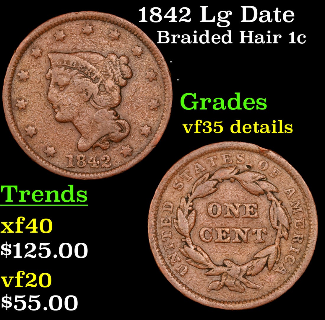 1842 Lg Date Braided Hair Large Cent 1c Grades VF Details (1 of 3)