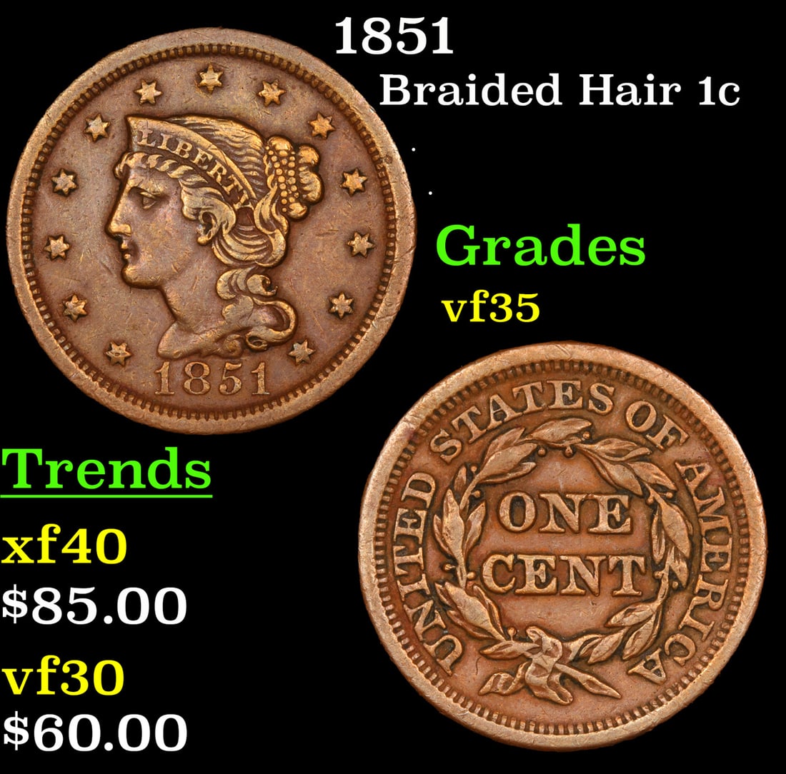 1851 Braided Hair Large Cent 1c Grades vf++ (1 of 3)