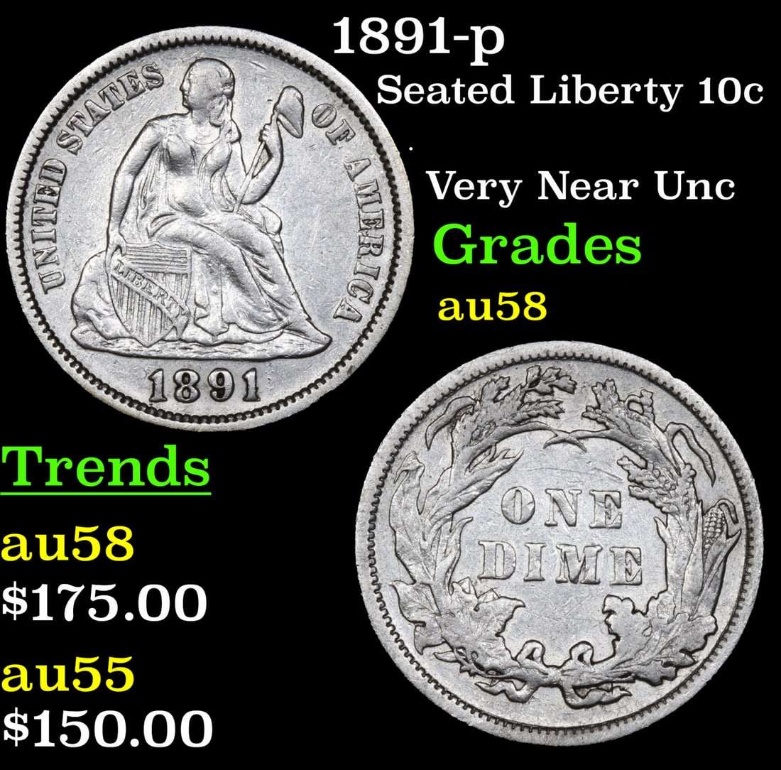 1891-p Seated Liberty Dime 10c Grades Choice AU/BU Slider (1 of 3)