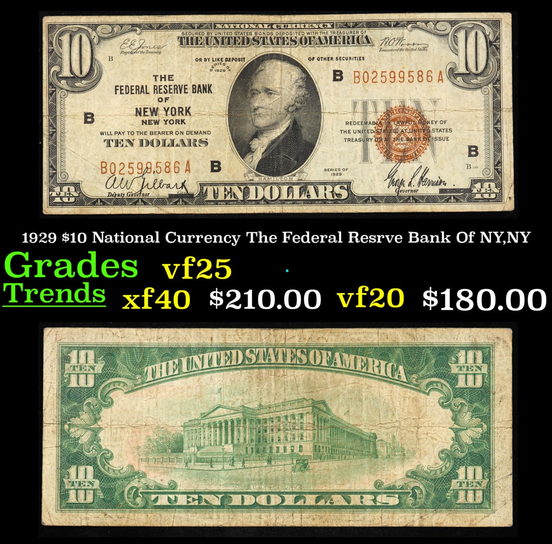 1929 $10 National Currency The Federal Resrve Bank Of NY,NY Grades vf+ (1 of 3)