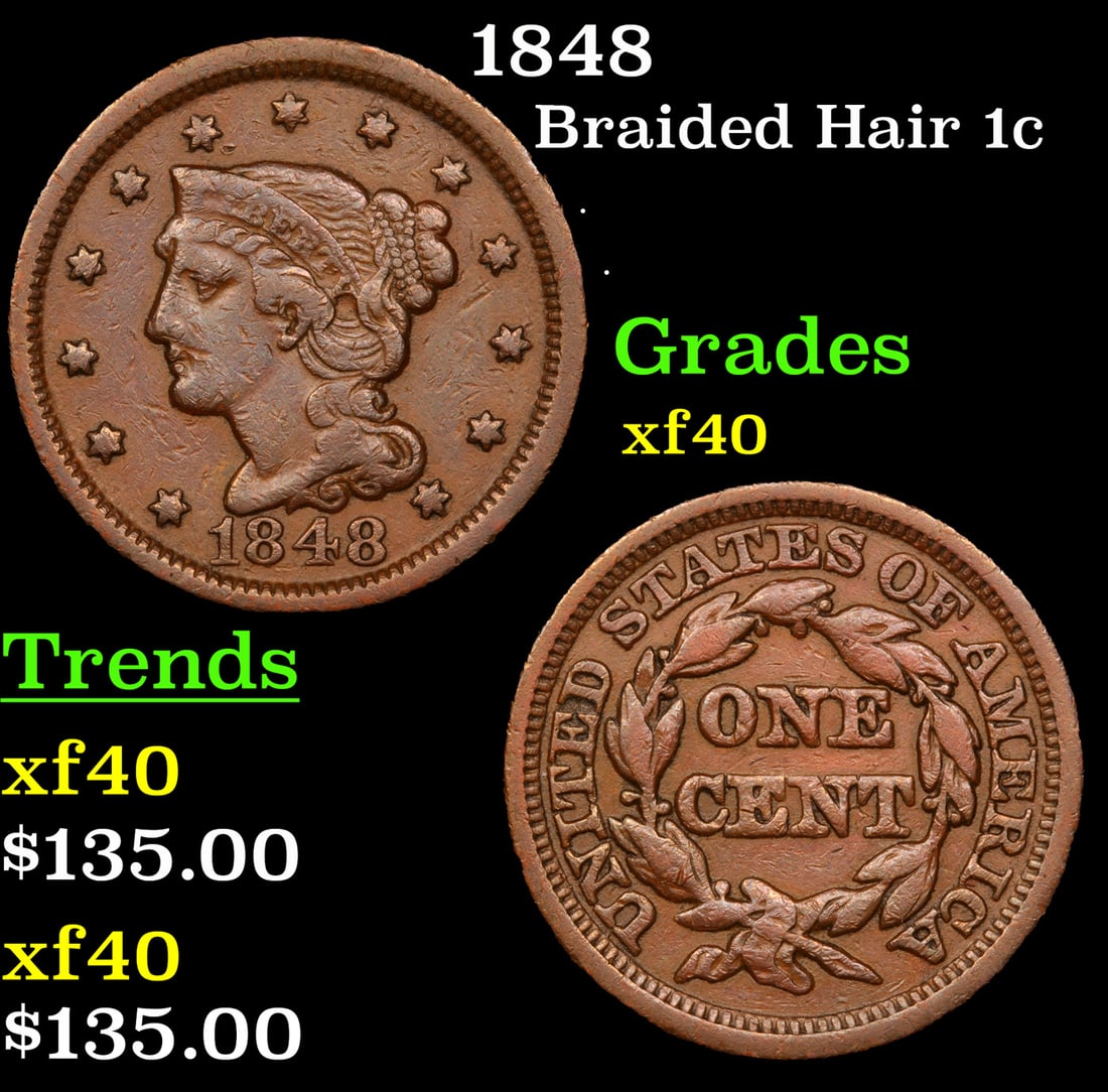 1848 Braided Hair Large Cent 1c Grades xf (1 of 3)