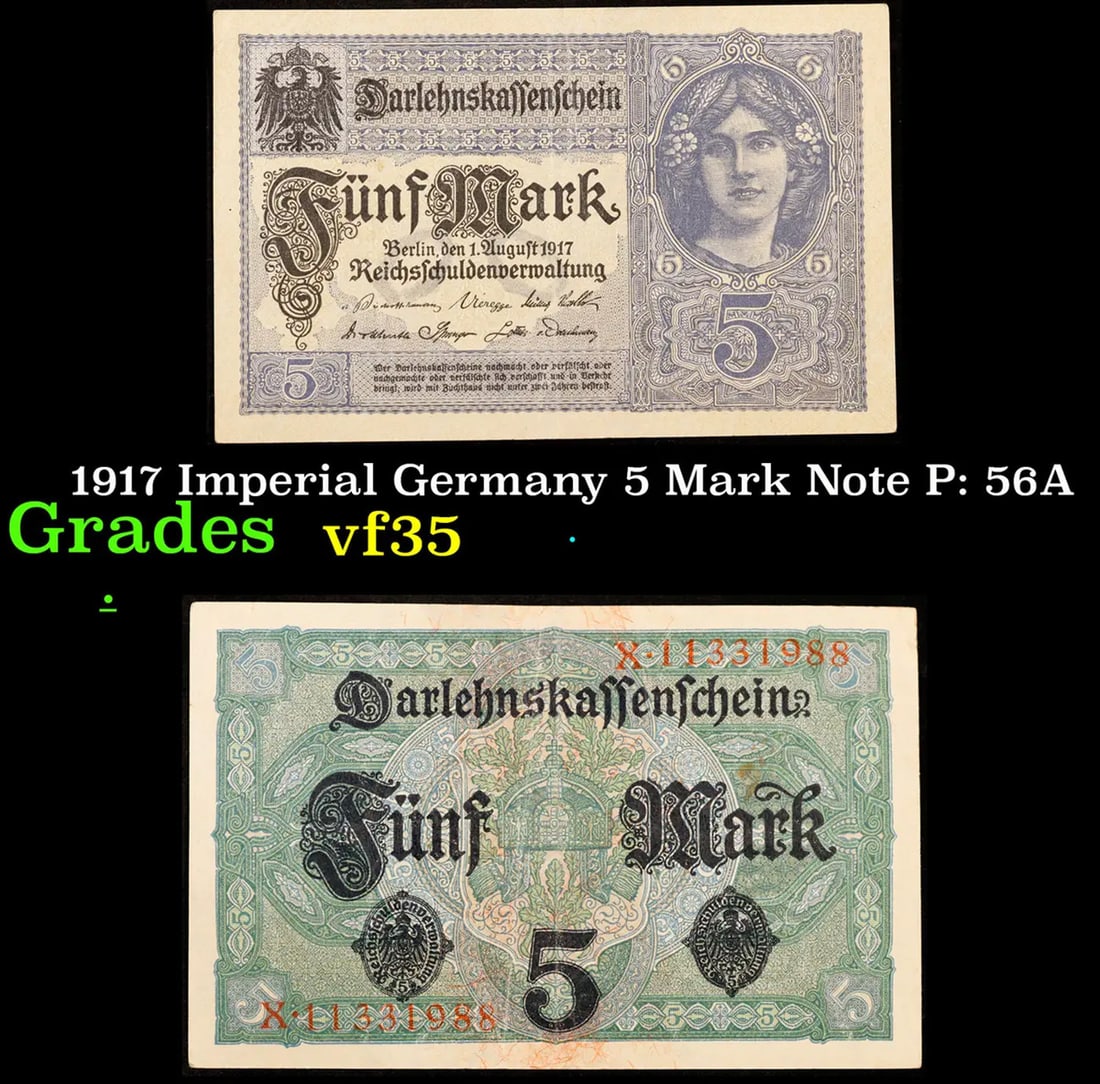 1917 Imperial Germany 5 Mark Note P: 56A Grades vf++ (1 of 3)