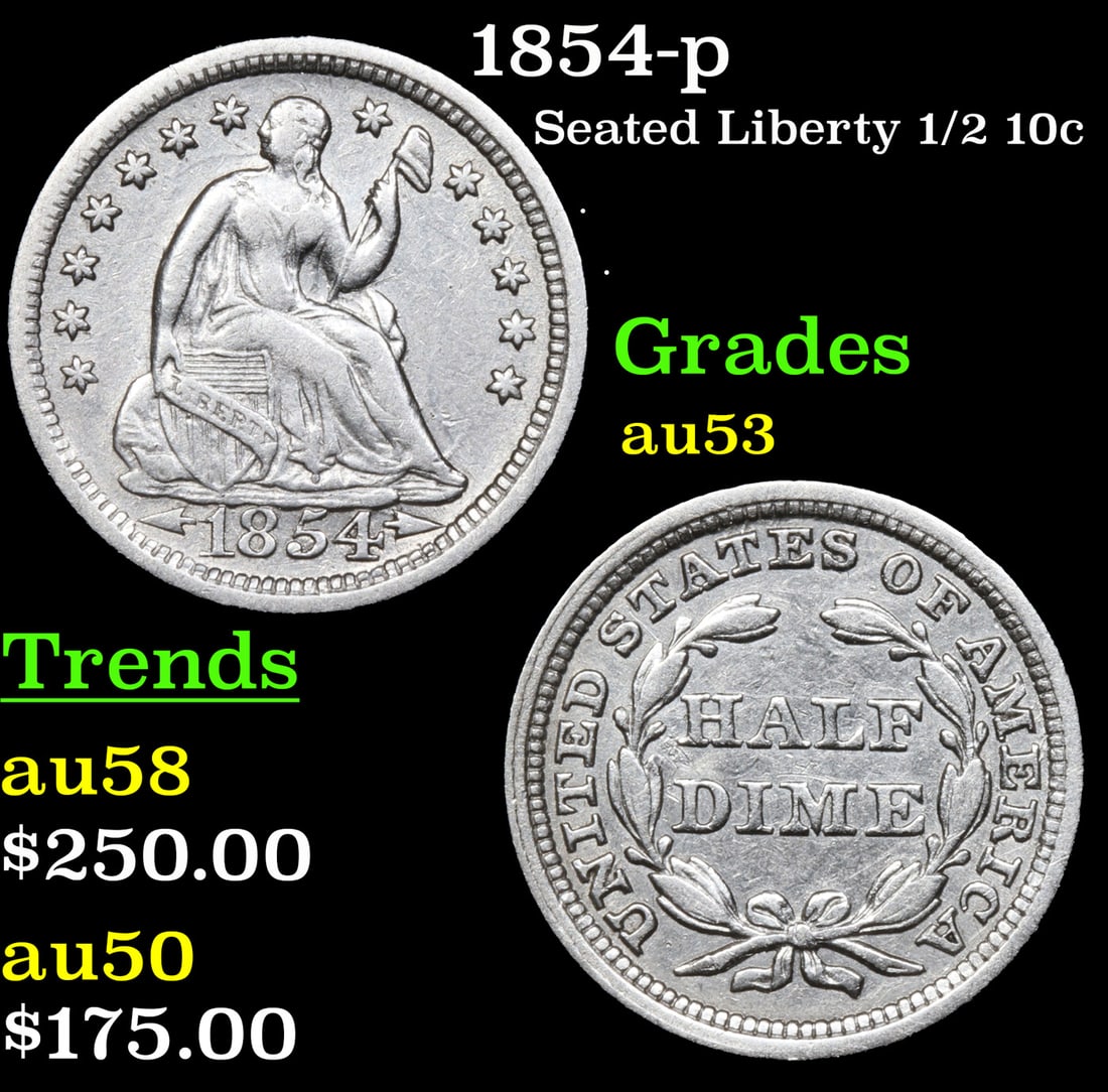 1854-p Seated Liberty Half Dime 1/2 10c Grades Select AU (1 of 3)
