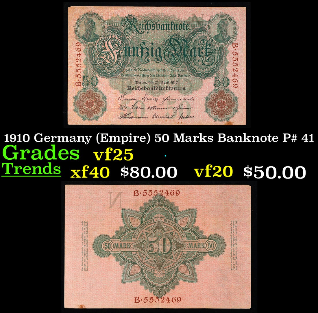 1910 Germany (Empire) 50 Marks Banknote P# 41 Grades vf+ (1 of 3)