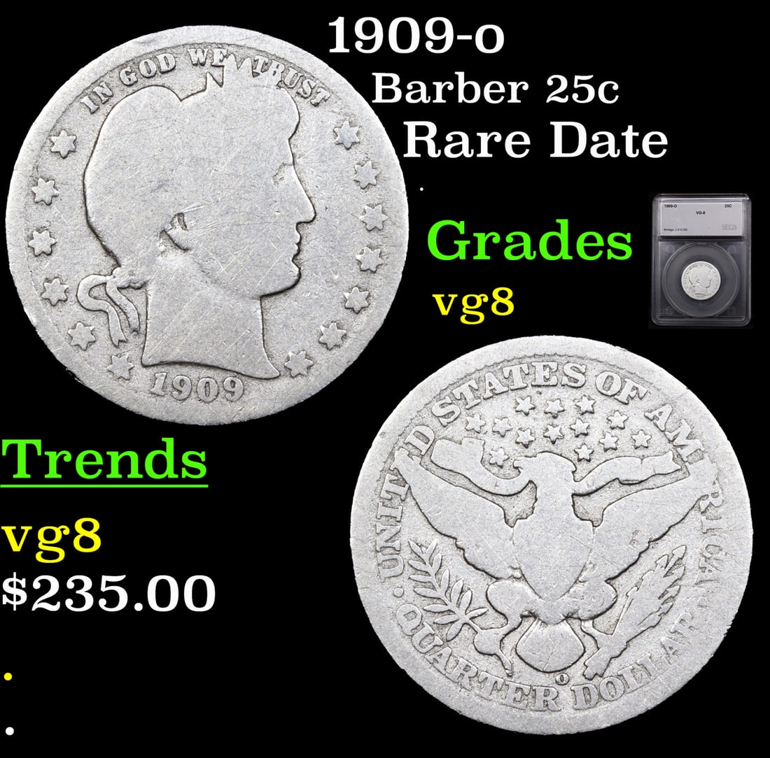 1909-o Barber Quarter 25c Graded vg8 By SEGS (1 of 5)