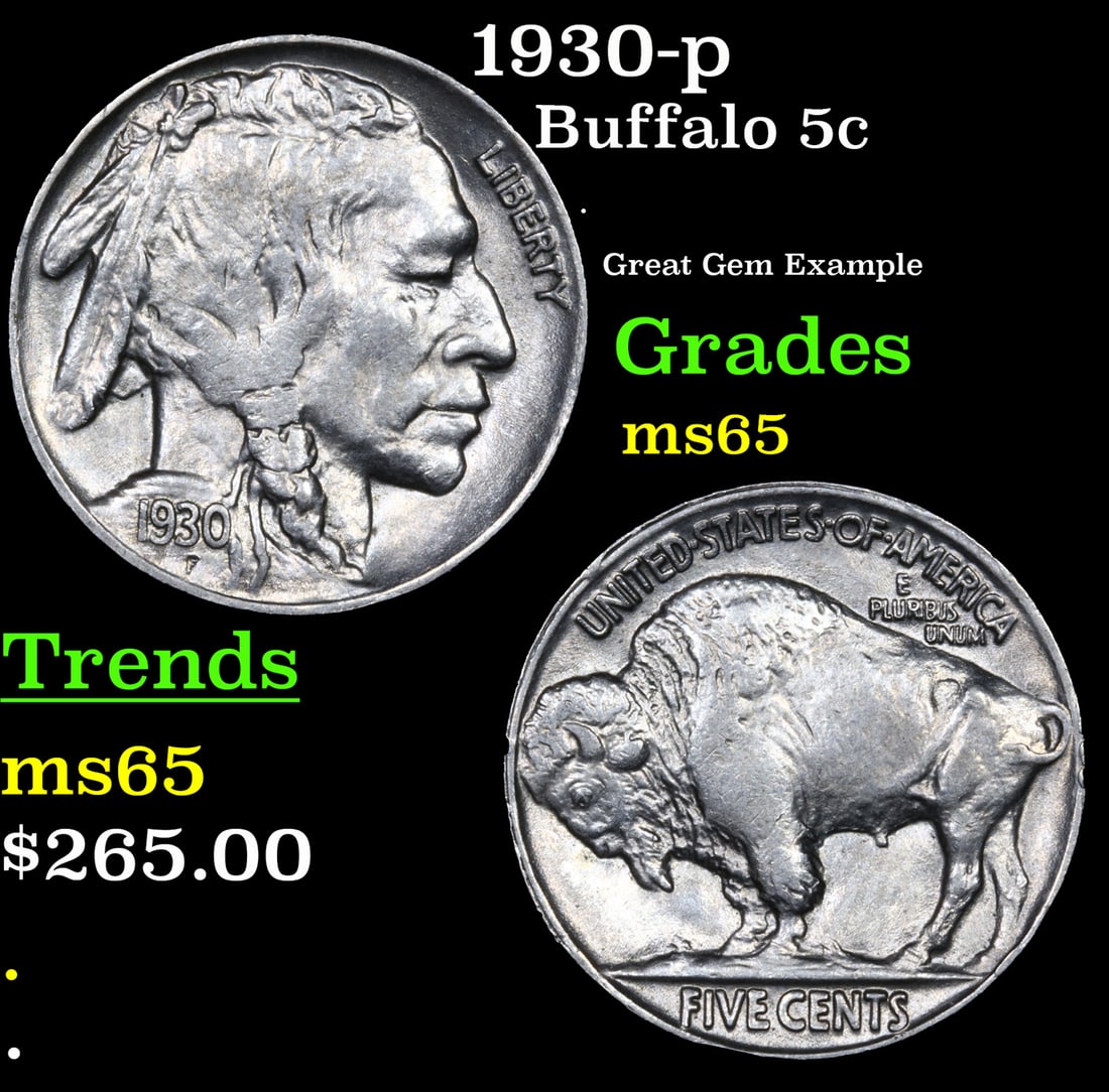 1930-p Buffalo Nickel 5c Grades GEM Unc (1 of 3)