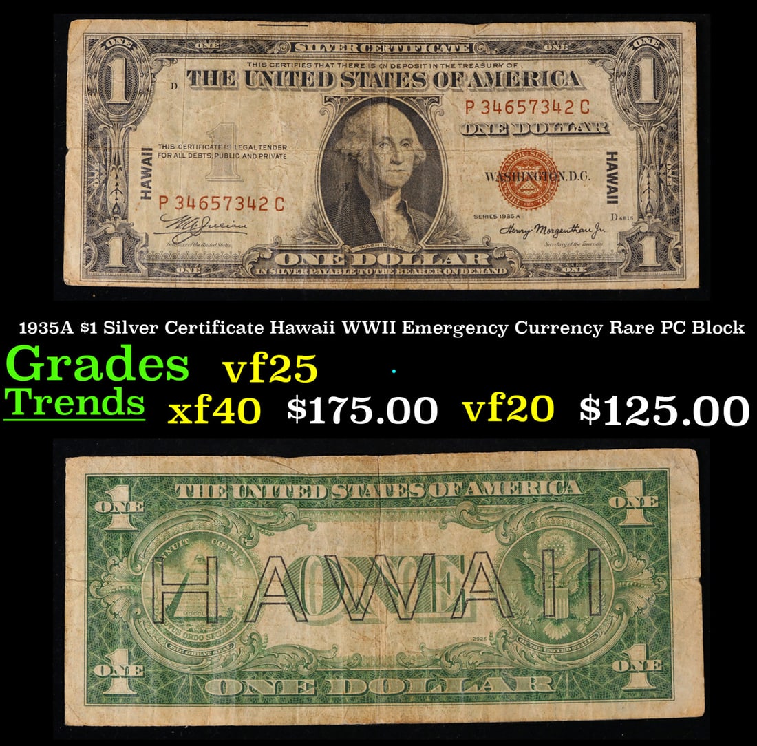 1935A $1 Silver Certificate Hawaii WWII Emergency Currency Rare PC Block Grades vf+ (1 of 3)