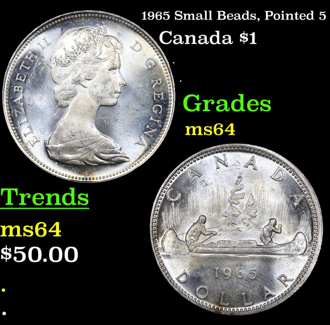 1965 Small Beads, Pointed 5 Canada Silver Dollar $1 Grades Choice Unc (1 of 3)