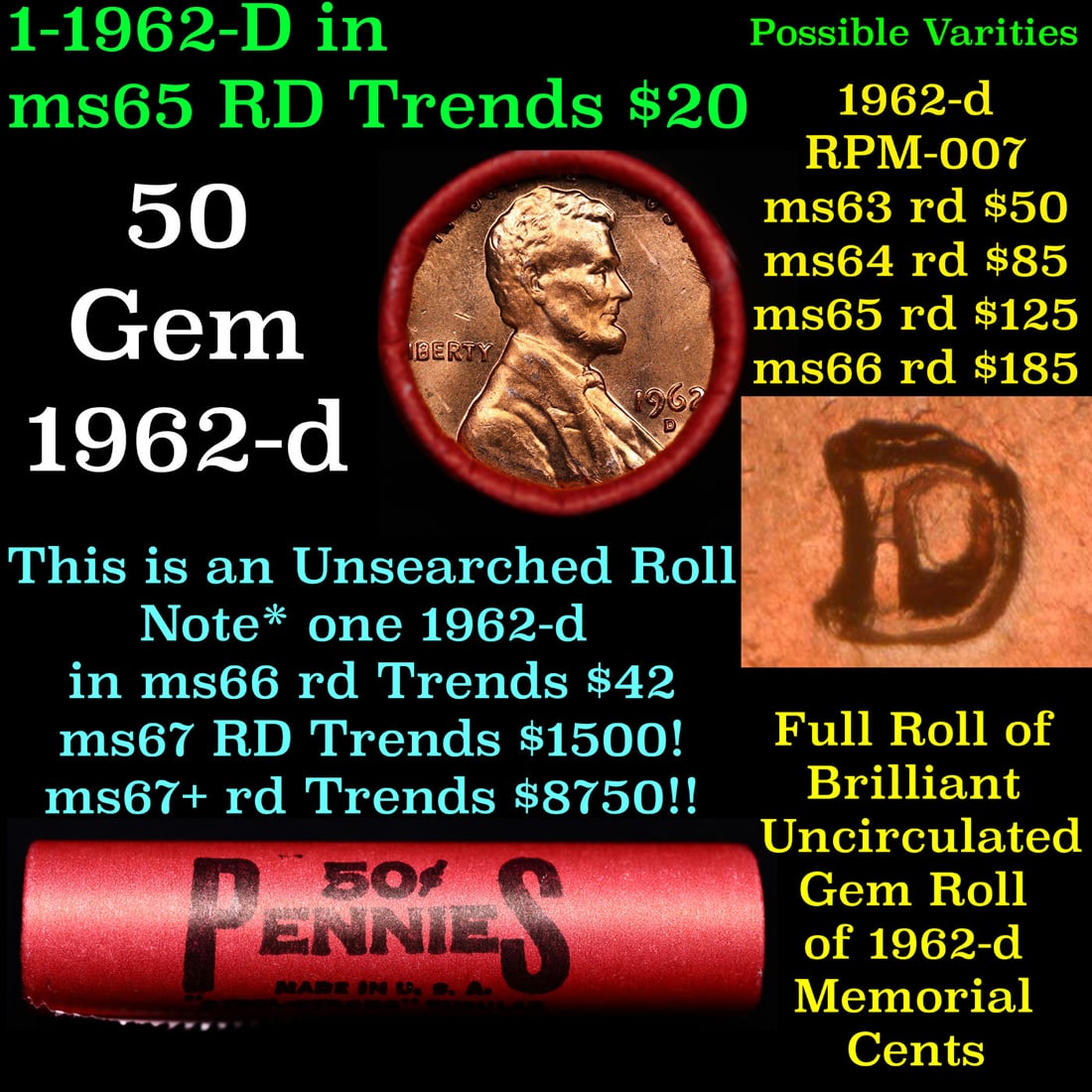 BU Shotgun Lincoln 1c roll, 1962-d 50 pcs Steel-Strong Wrapper 50c: BU Shotgun Lincoln 1c roll, 1962-d 50 pcs Steel-Strong Wrapper 50c. A terrific Shotgun roll of Lincoln cents in a steel strong wrapper. Most if not all coins should be cherry red.