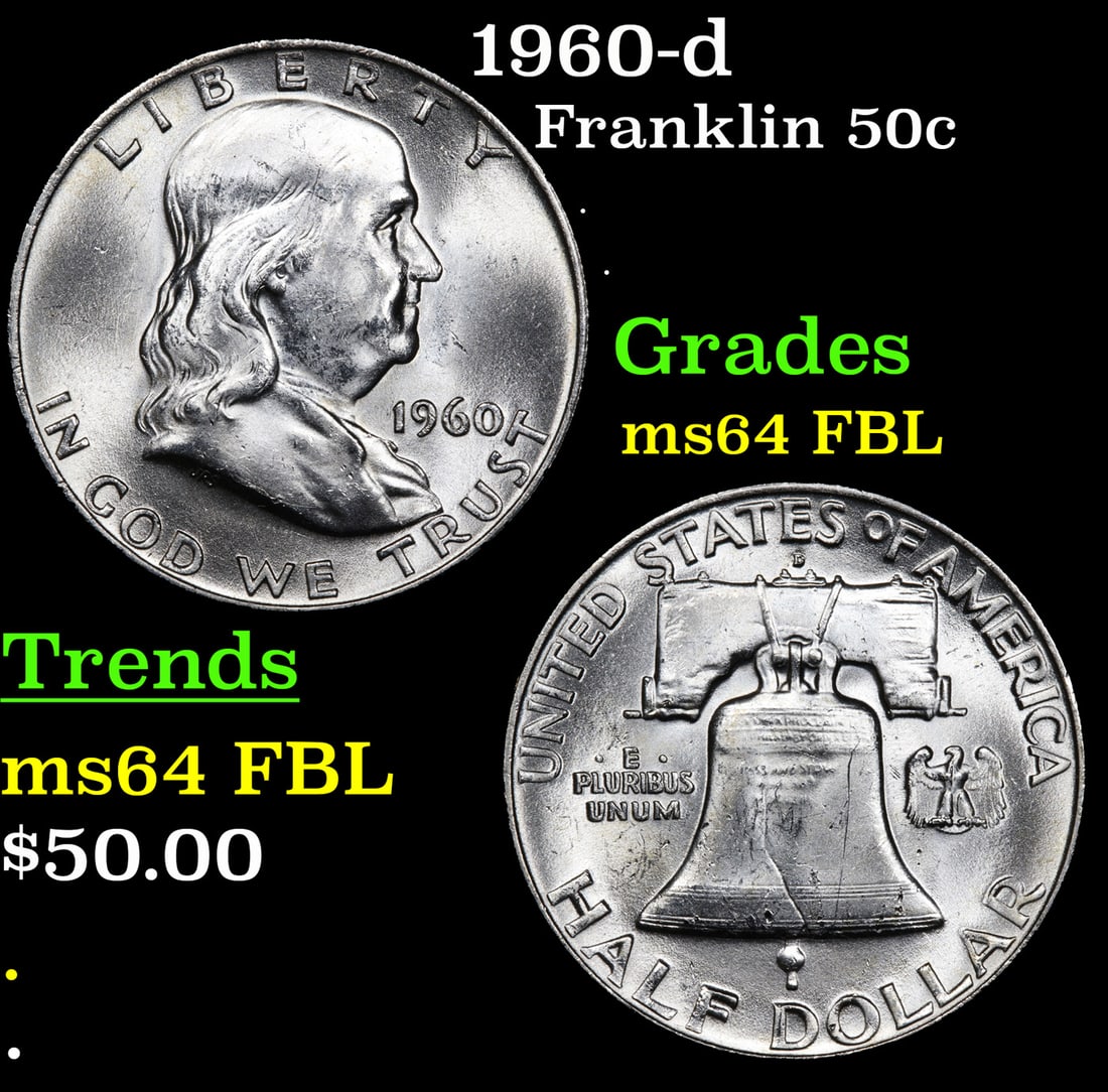 1960-d Franklin Half Dollar 50c Grades Choice Unc FBL (1 of 3)