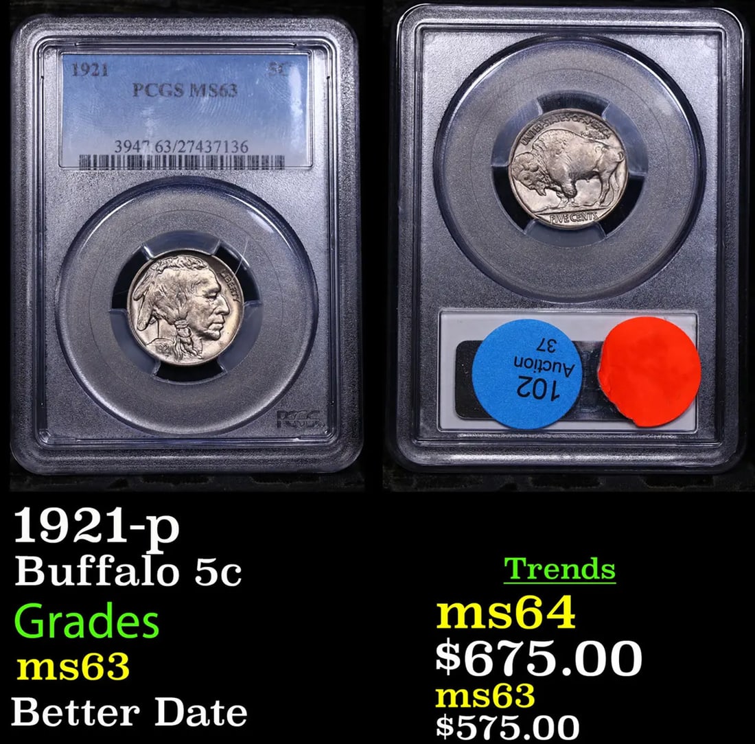 PCGS 1921-p Buffalo Nickel 5c Graded ms63 By PCGS (1 of 3)
